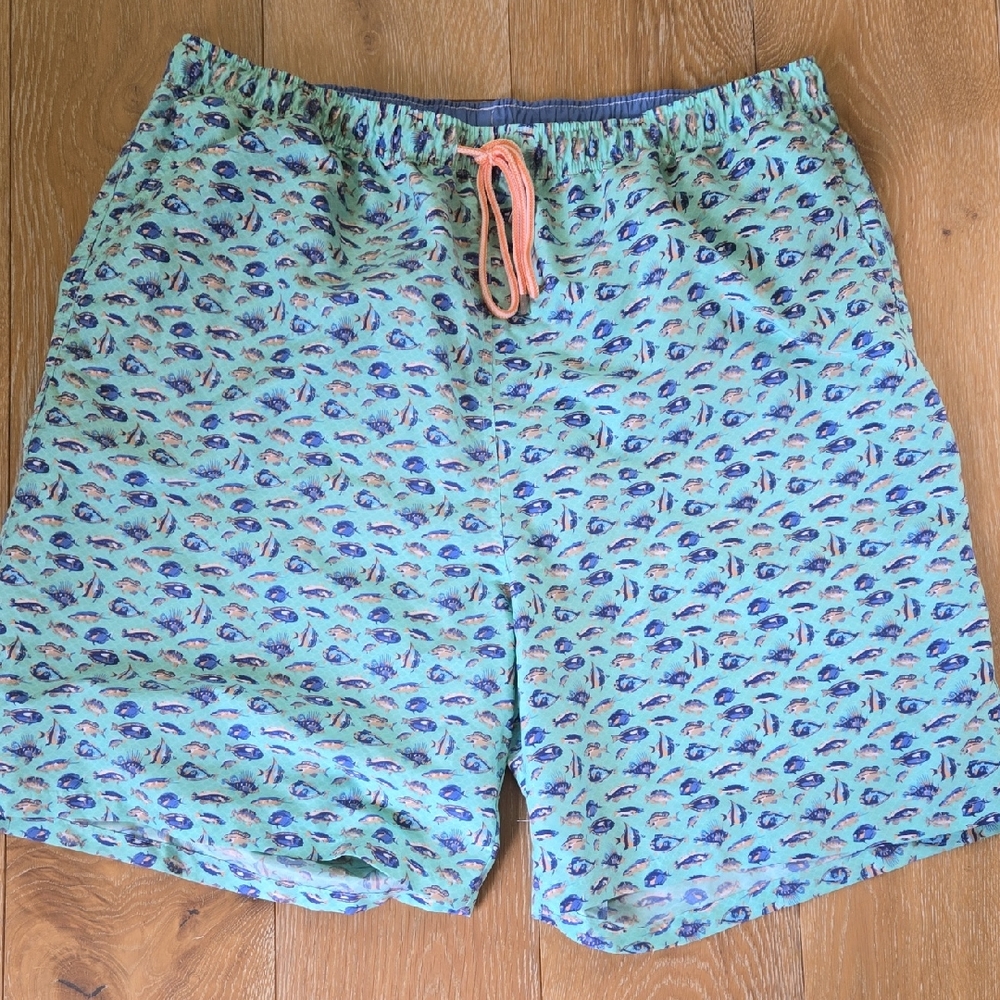 Peter Millar Blue and Orange Swim Trunks with Nautical Design